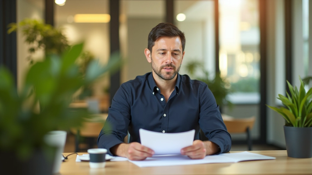 Mid-career professional reviewing new career direction notes and planning next steps at workspace