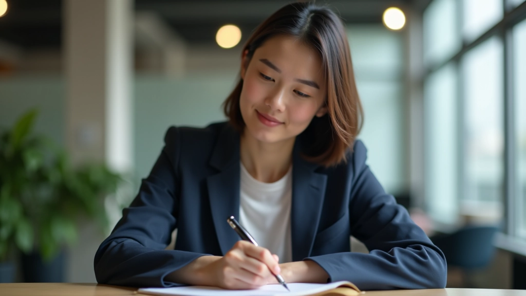 Woman in modern office space writing in notebook with thoughtful expression during career planning session